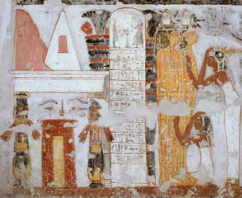 Opening of the Mouth ceremony at the door of the tomb. Painitgn from the tomb of Khonsu in Gourna. XIX Dynasty. Photo: www.osirisnet.net