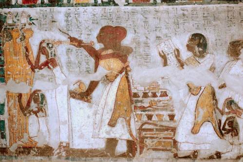 Opening of the Mouth ceremony. The image shows the two mourners, the priests and the table with all the tools utilised, included the foreleg of an ox. Painting from the tomb of Khonsu in Gourna. XIX Dynasty. Photo: www.osirisnet.net