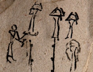 Ostracon with funerary scene. Detail of common mourners. New Kingdom. Manchester Museum. Ancient Egypt.