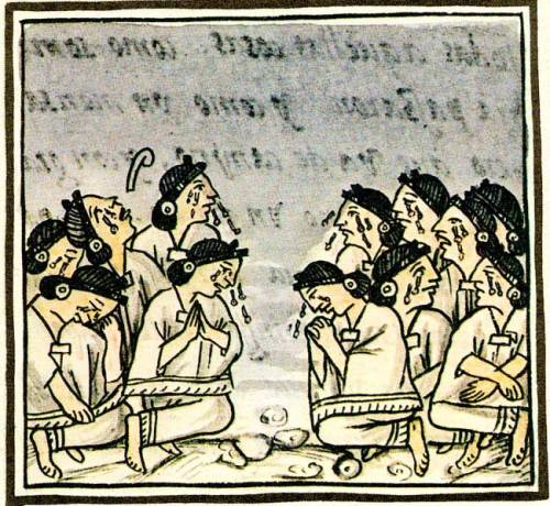 Aztec ritual weeping; Florentine Codex, Book 1.