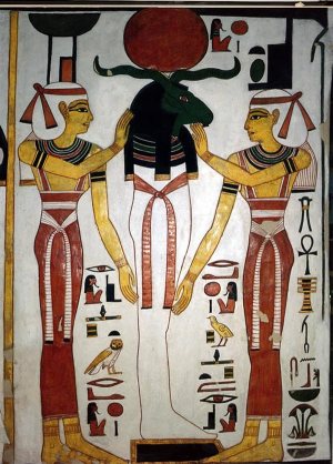 Ram-Headed mummy (Re-Osiris) with Isis and Nephthys. Ancient Egypt. Tomb of Nefertari. XIX Dynasty.